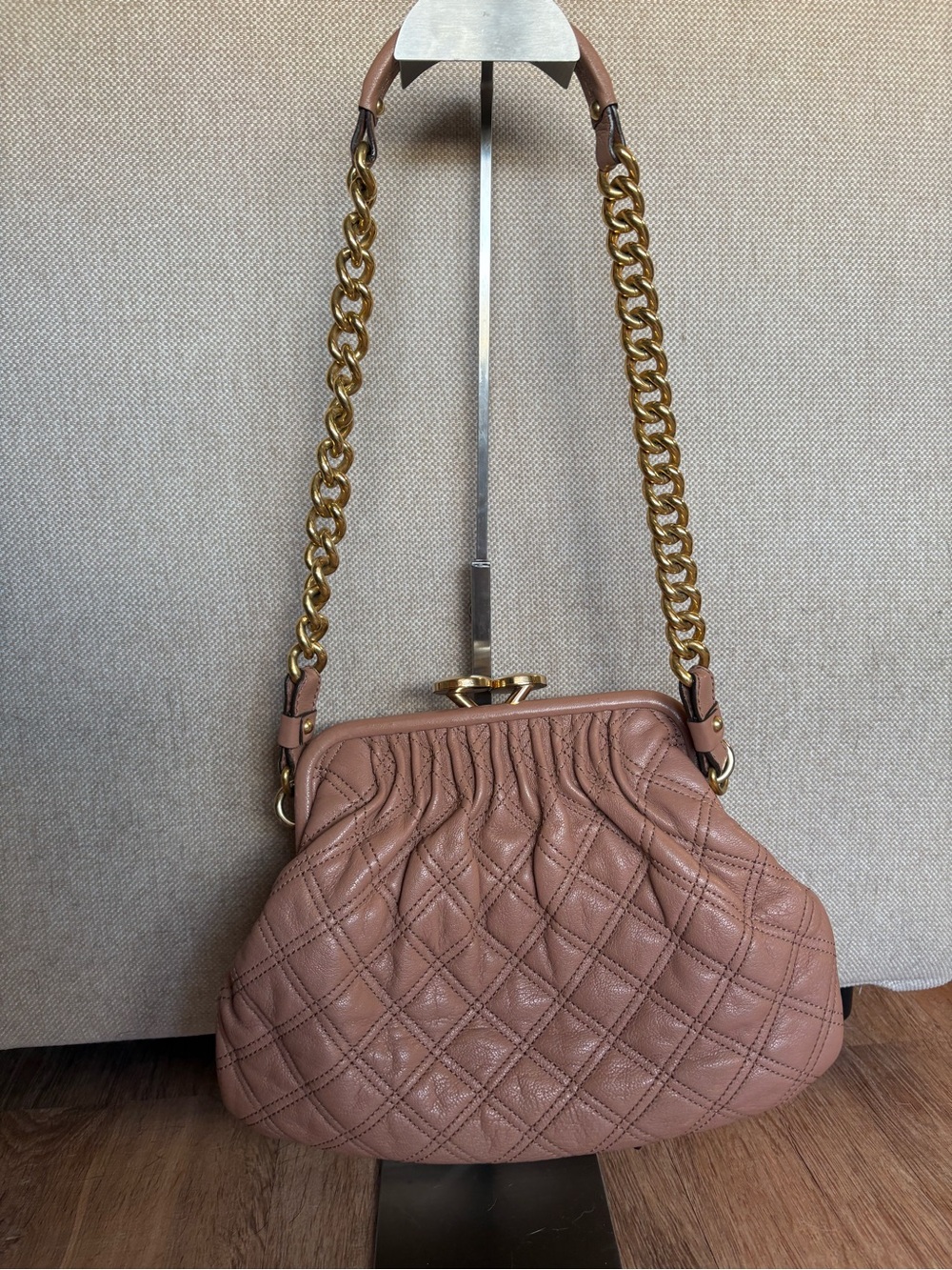 Marc Jacobs Stam Bag Quilted Leather Shoulder Bag in Dusty Rose with Gold Chain